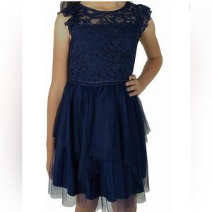 Zunie Girl Lightweight Lace To Mesh Knee Length Dress - Navy Blue, 3T